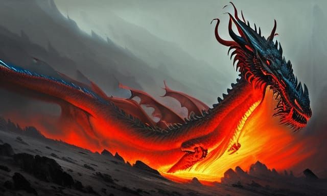 Fiery Dragon in Volcanic Cave: Fantasy Art