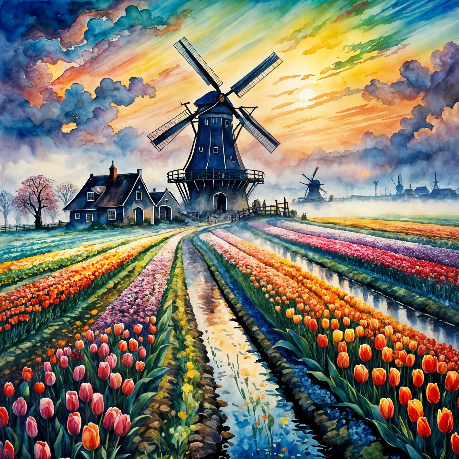 Vibrant Dutch Tulip Fields Leading to a Traditional Windmill