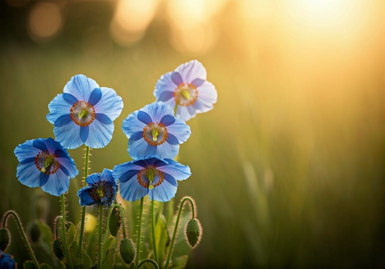 Blue Poppies in Sunny Meadow, Professional Photography