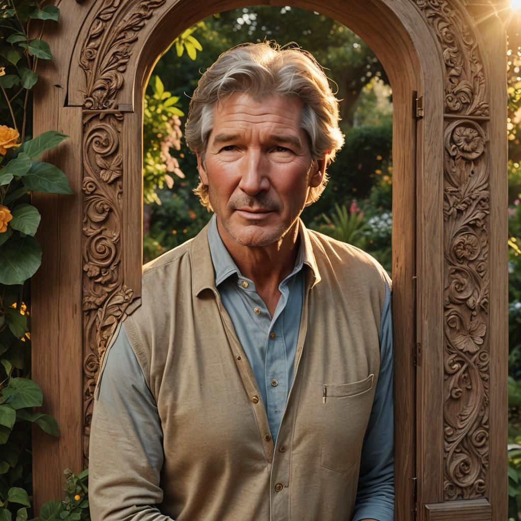 Hyperrealistic Man at Doorway in Golden Hour Lighting