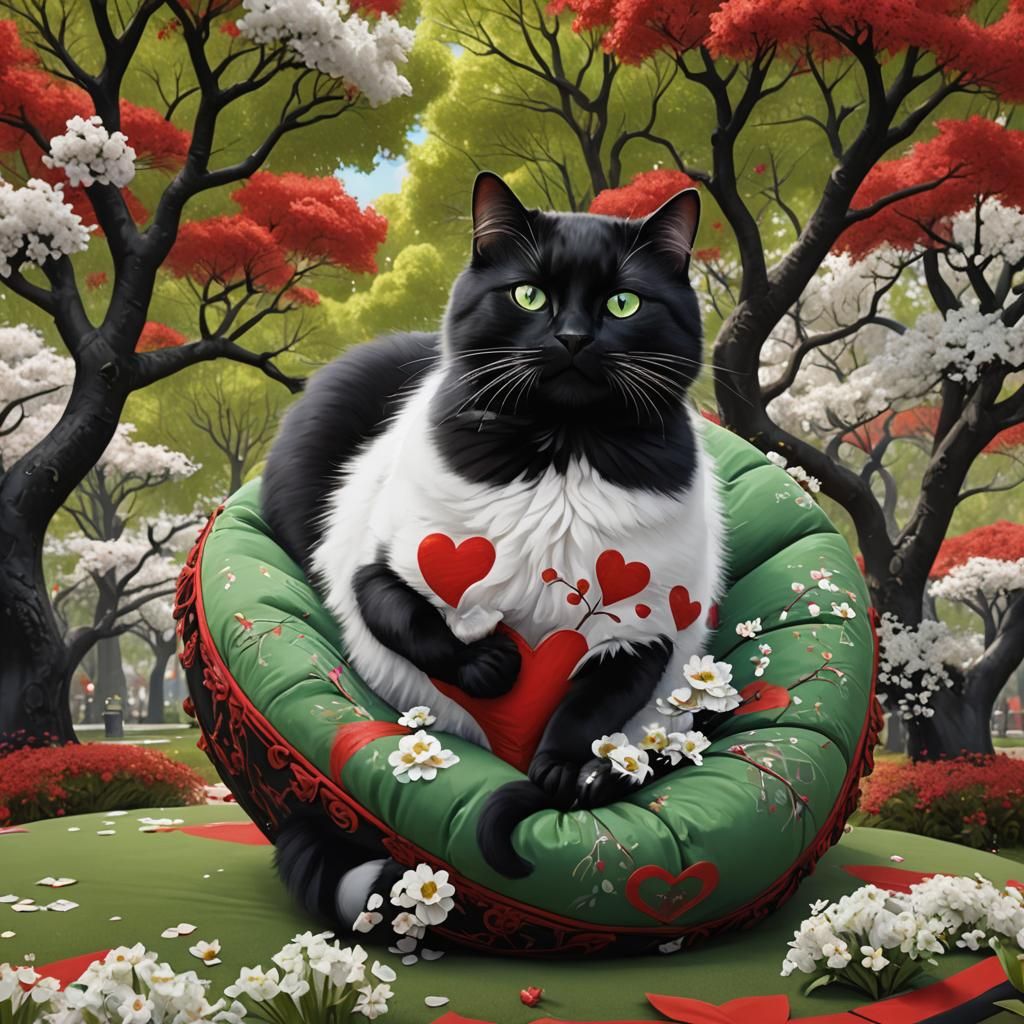 Playful Cat on Heart Cushion: Fantasy Concept Art
