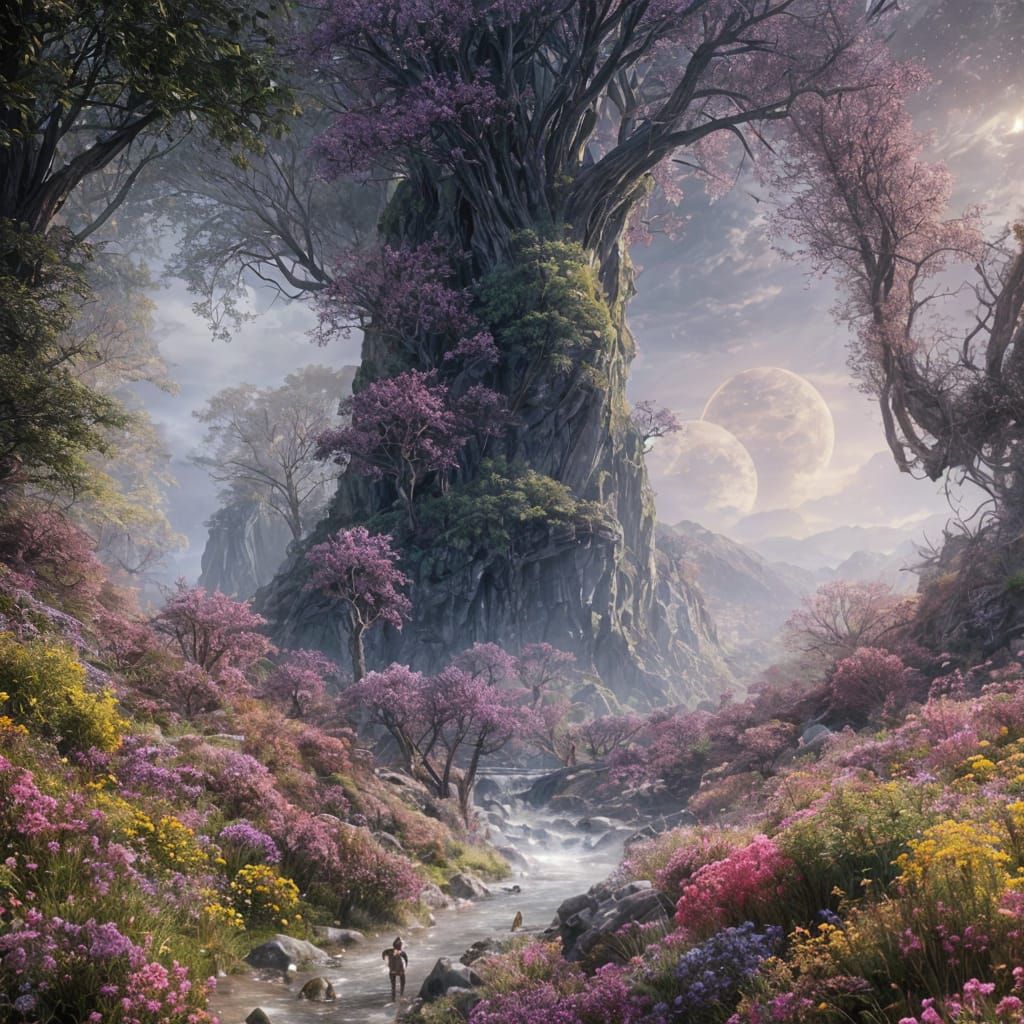 Goddess with Braided Hair at Sunrise in Dark Fantasy Style