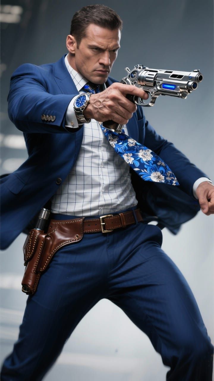 Man in Blue Suit Drawing Pistol: Hyperrealistic