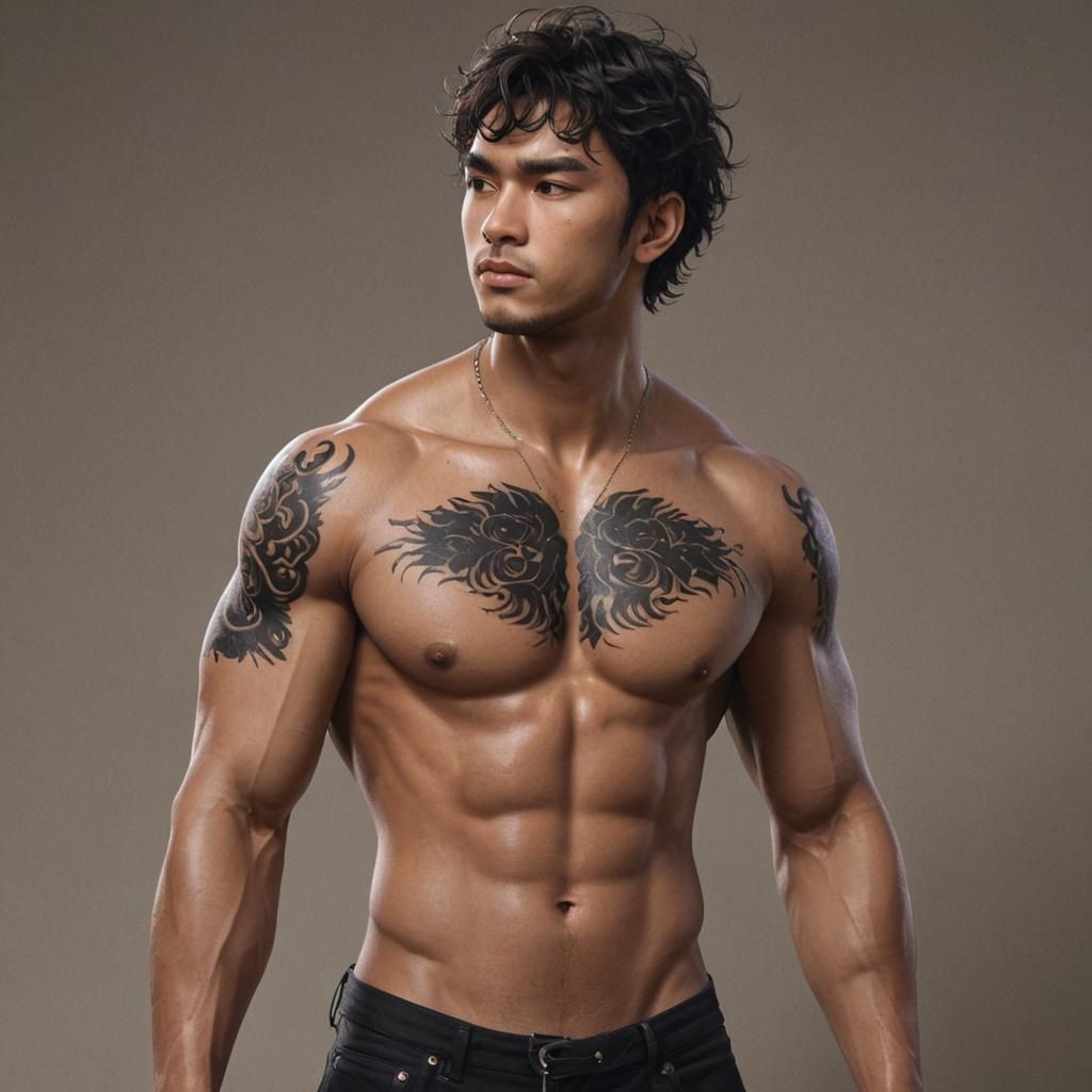 Muscular Man with Ethnic Tattoo in 3D Anime Style