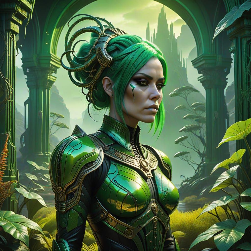 Surrealist Woman in a Vibrant Green Dreamscape with Oil Pain...