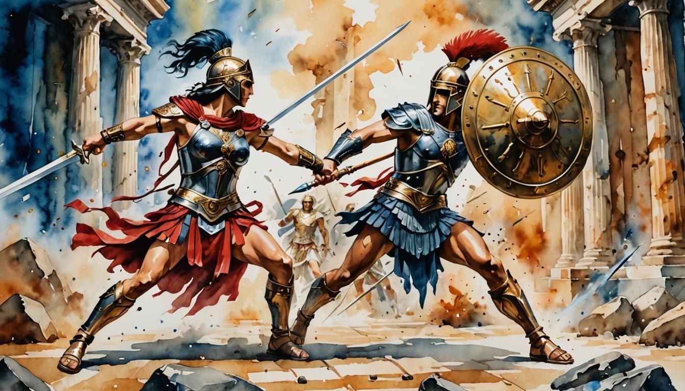Penthesilea vs Achilles: Watercolor Battle in Troy