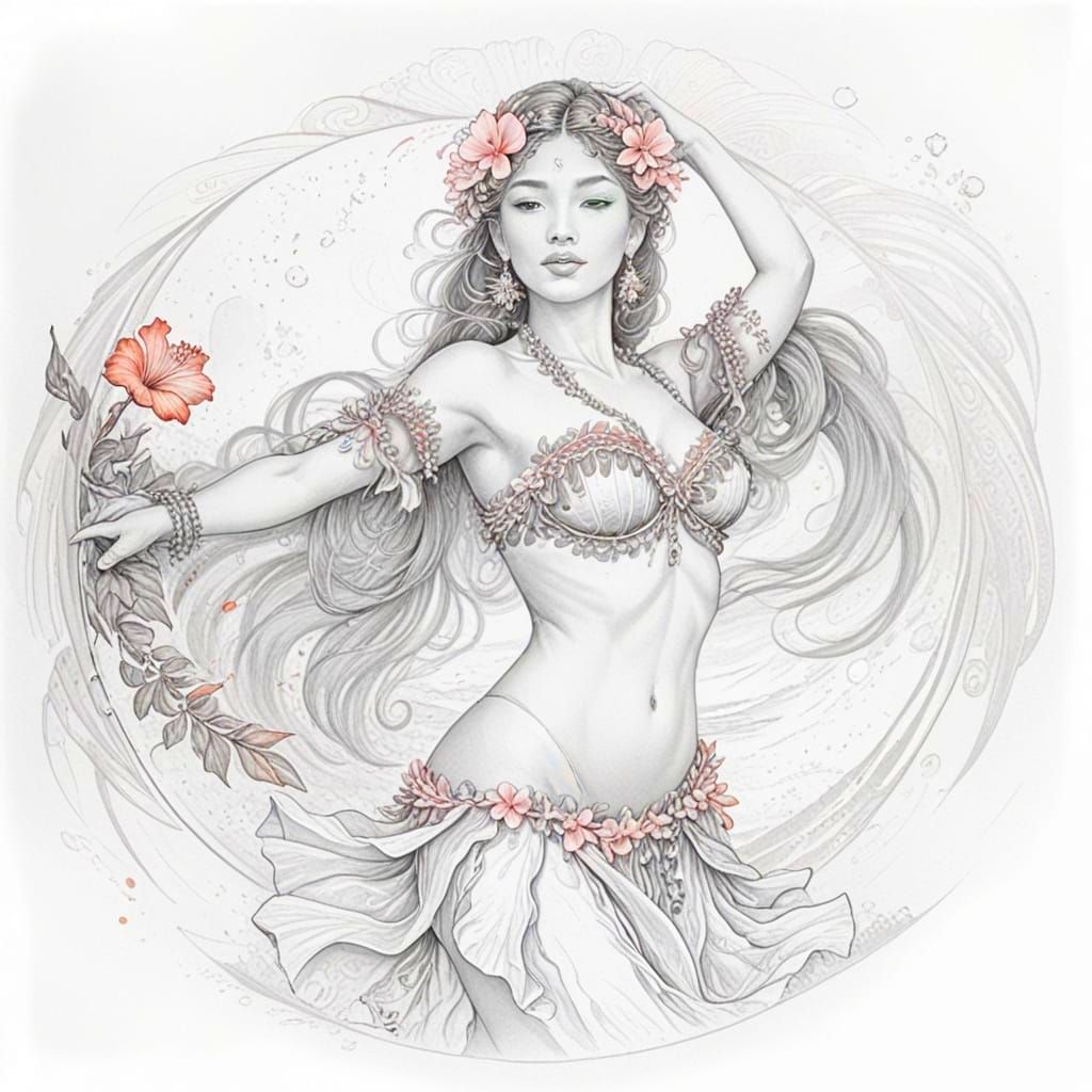 Hula Dancer at Sunset, Maximalist Oil and Watercolor Paintin...