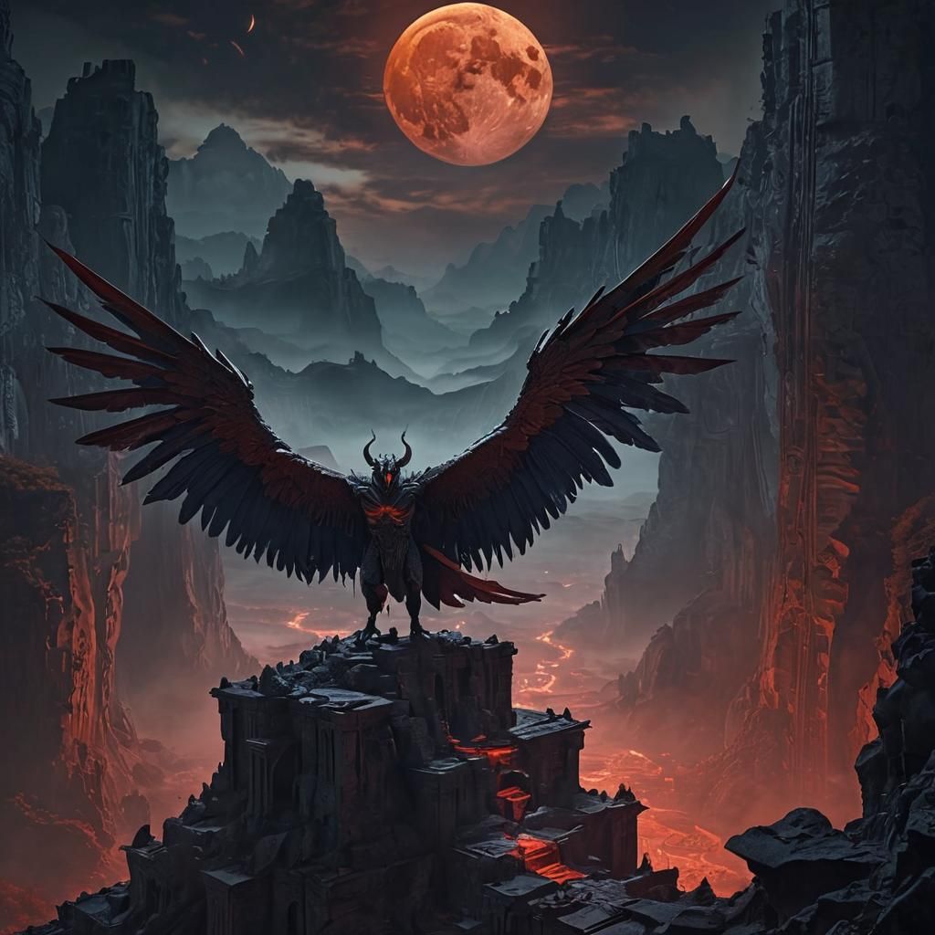 Winged Demon Spreads Wings Under Blood Moon