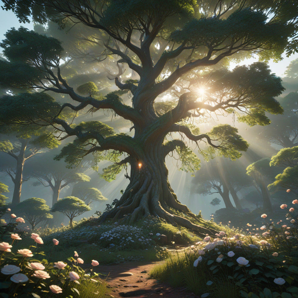 Majestic Tree in Whimsical Forest Landscape with Ethereal Li...