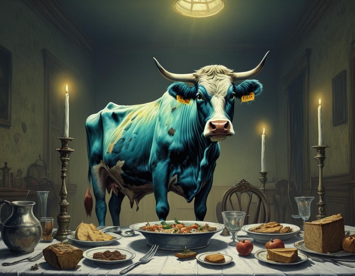 Damned colorized Cow Climbed Up On the Dinner Table
