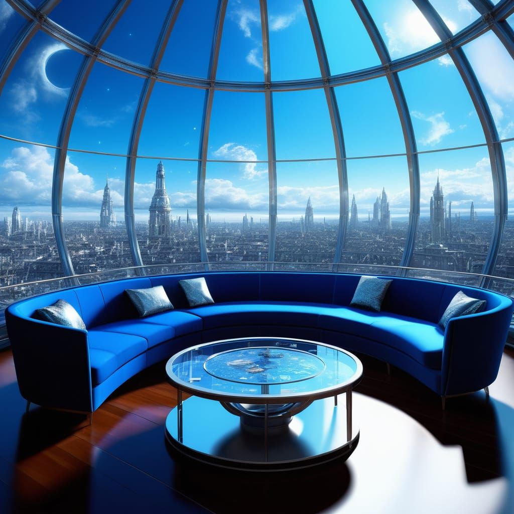 Glass dome penthouse with circular windows& Circular silver furniture& Circular silver tables& lots of bright light& lot...