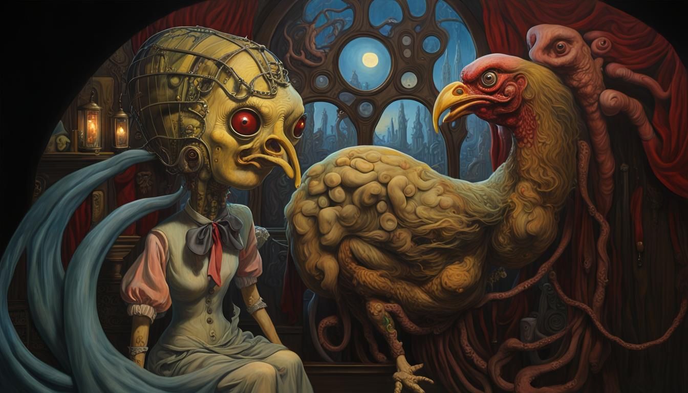 Surreal Cryptid Chicken in Gothic Art Nouveau Style