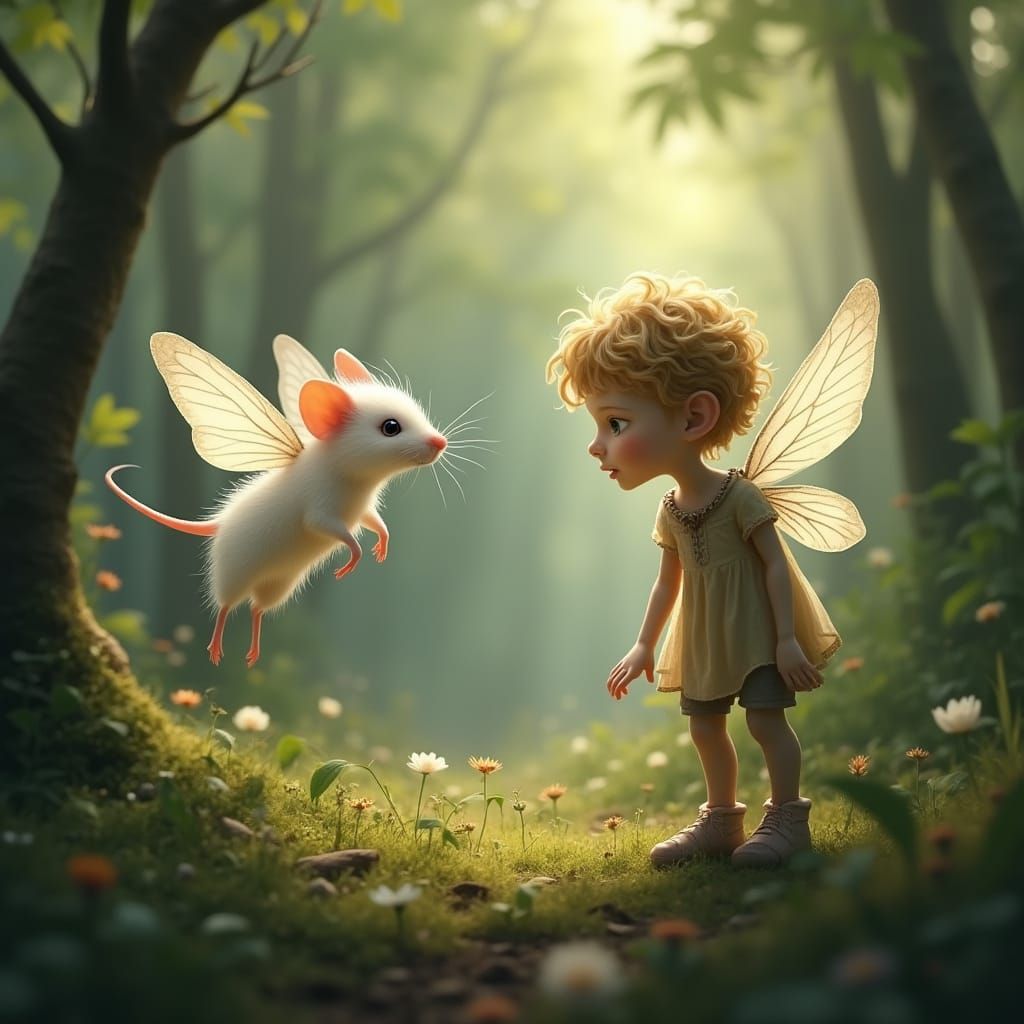 Whimsical Forest Encounter: A Tiny Fairy Mouse Converses wit...