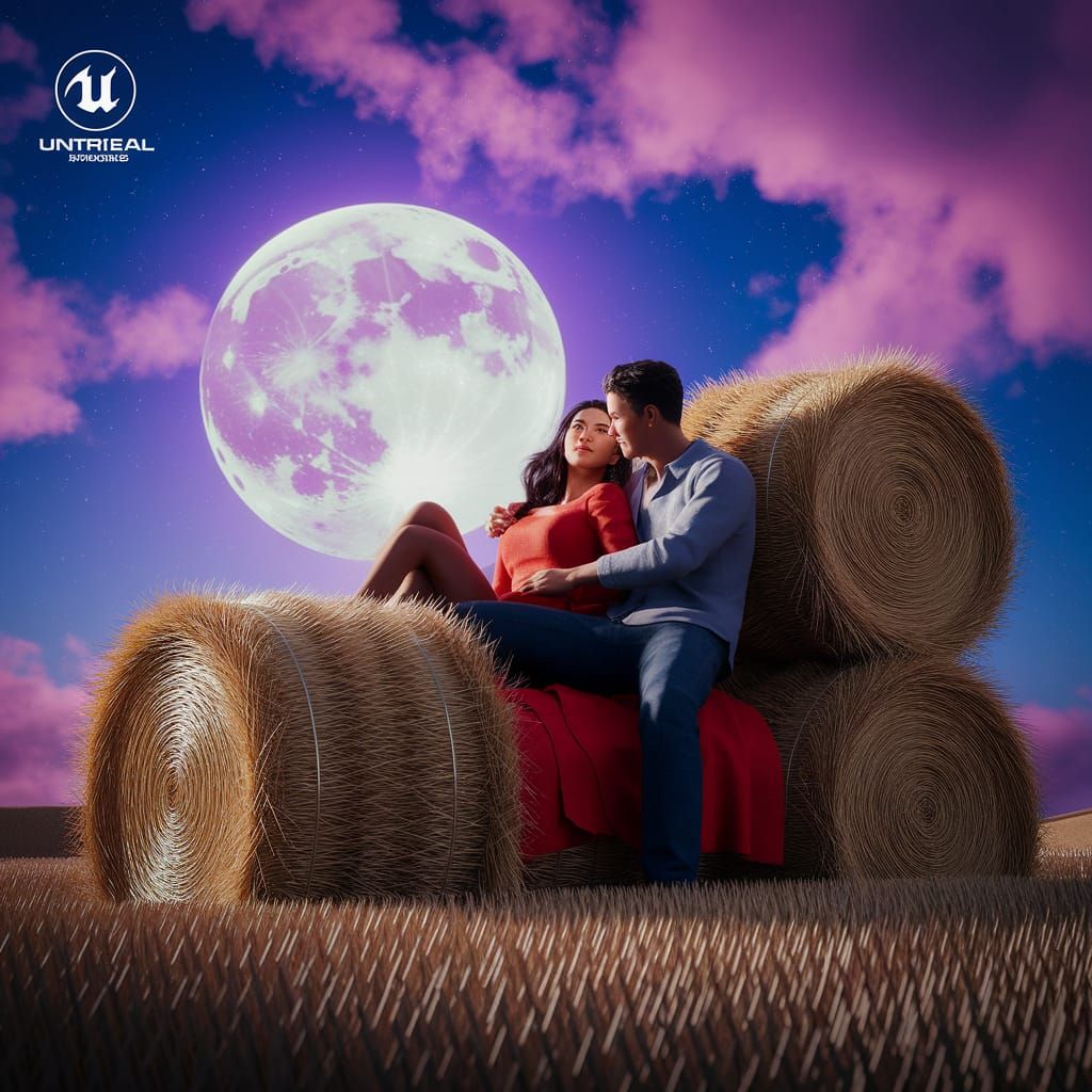Digital painting. A couple enjoys a hayride under a sky fill...