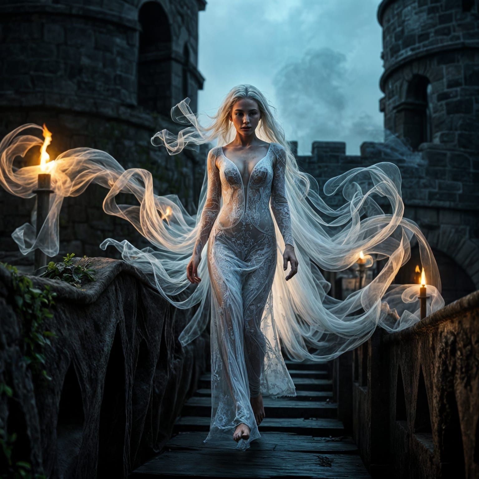 Ethereal Ghostly Lady on Derelict Castle Battlements