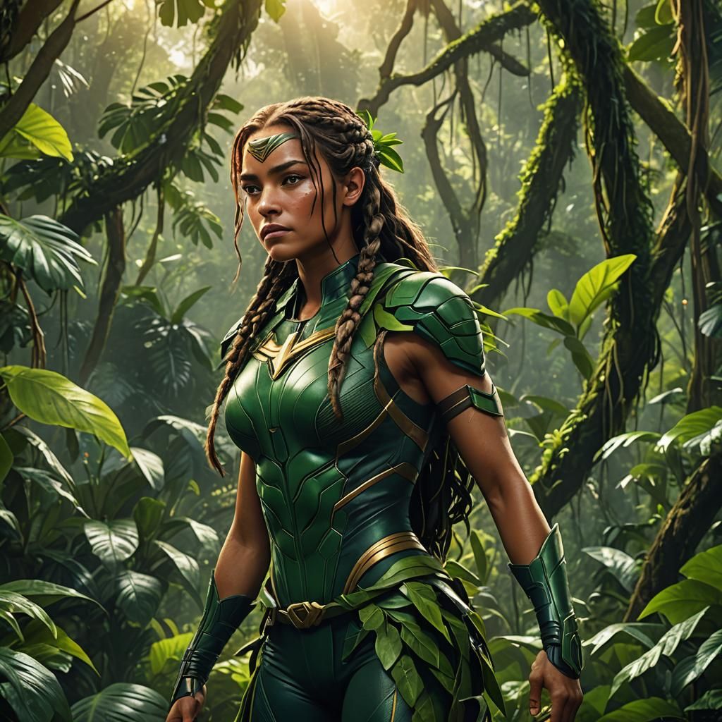 Epic portrait of a Brazilian superhero, with plants control superpower