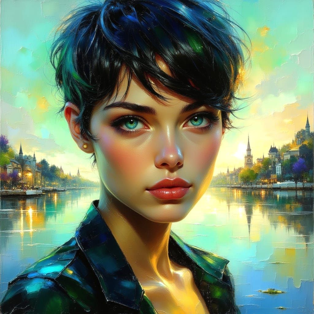 Beautiful Model with Neon Cityscape, Impasto Oil Painting