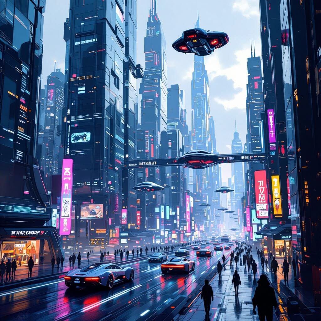 Dynamic Futuristic Cityscape with Neon Lights