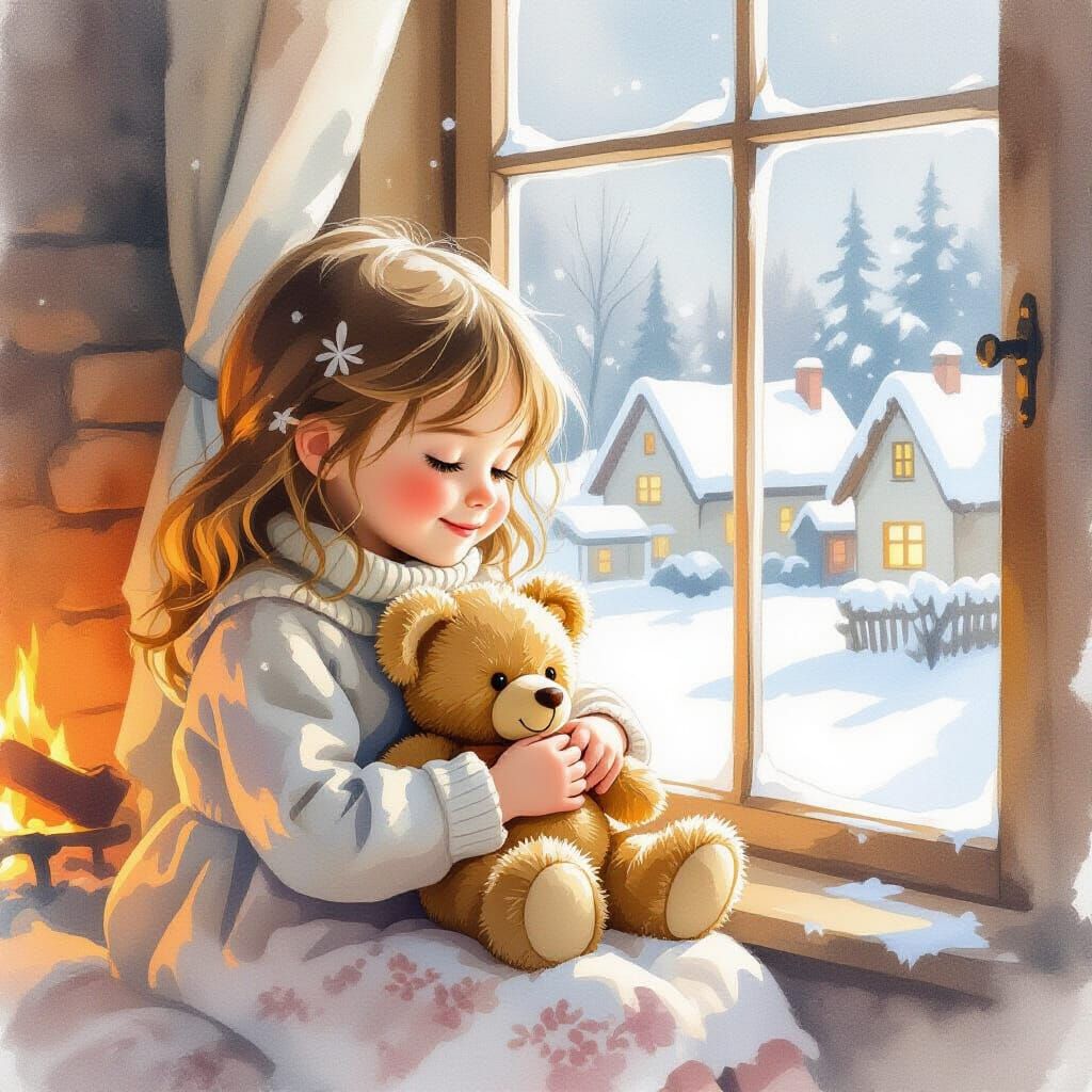 Girl by Fireplace with Teddy Bear, Snow Village View