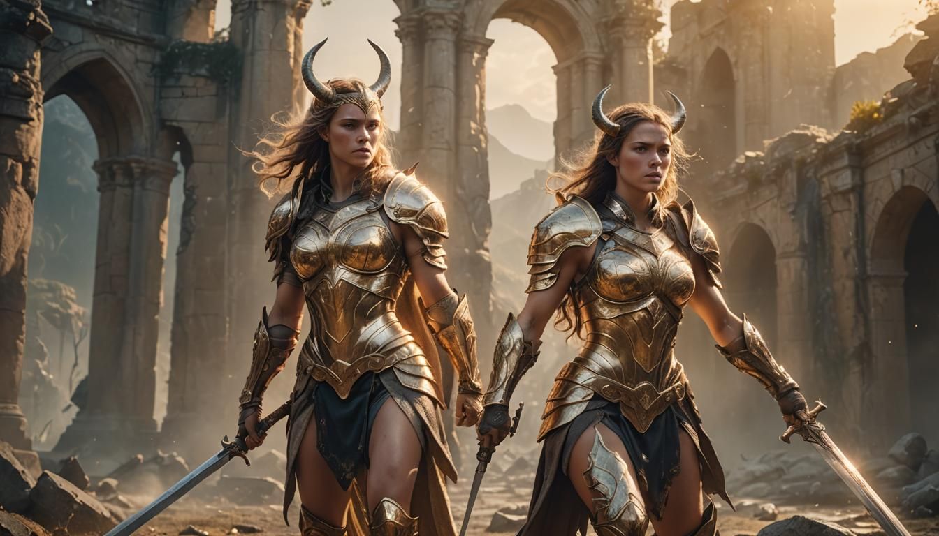 A captivating cinematic portrait featuring a fearless female centaur, fully armored and ready for battle. She is standin...