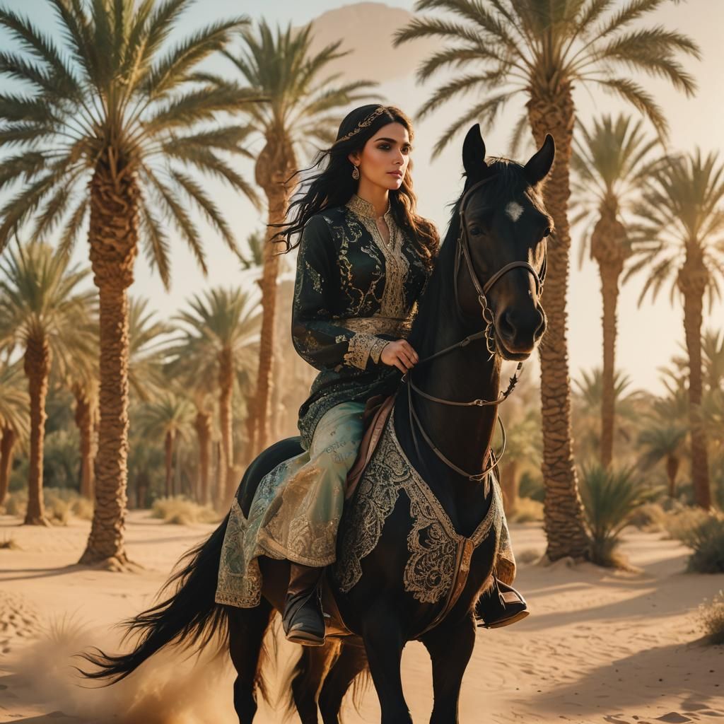 Woman Rides Arabian Horse in Desert Oasis