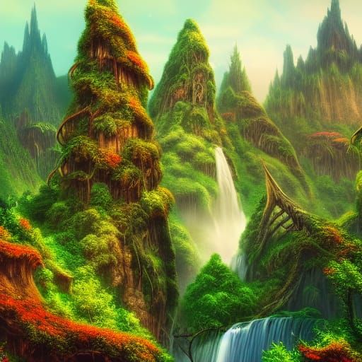 Elven Village in Green Mountains: Fantasy Concept Art