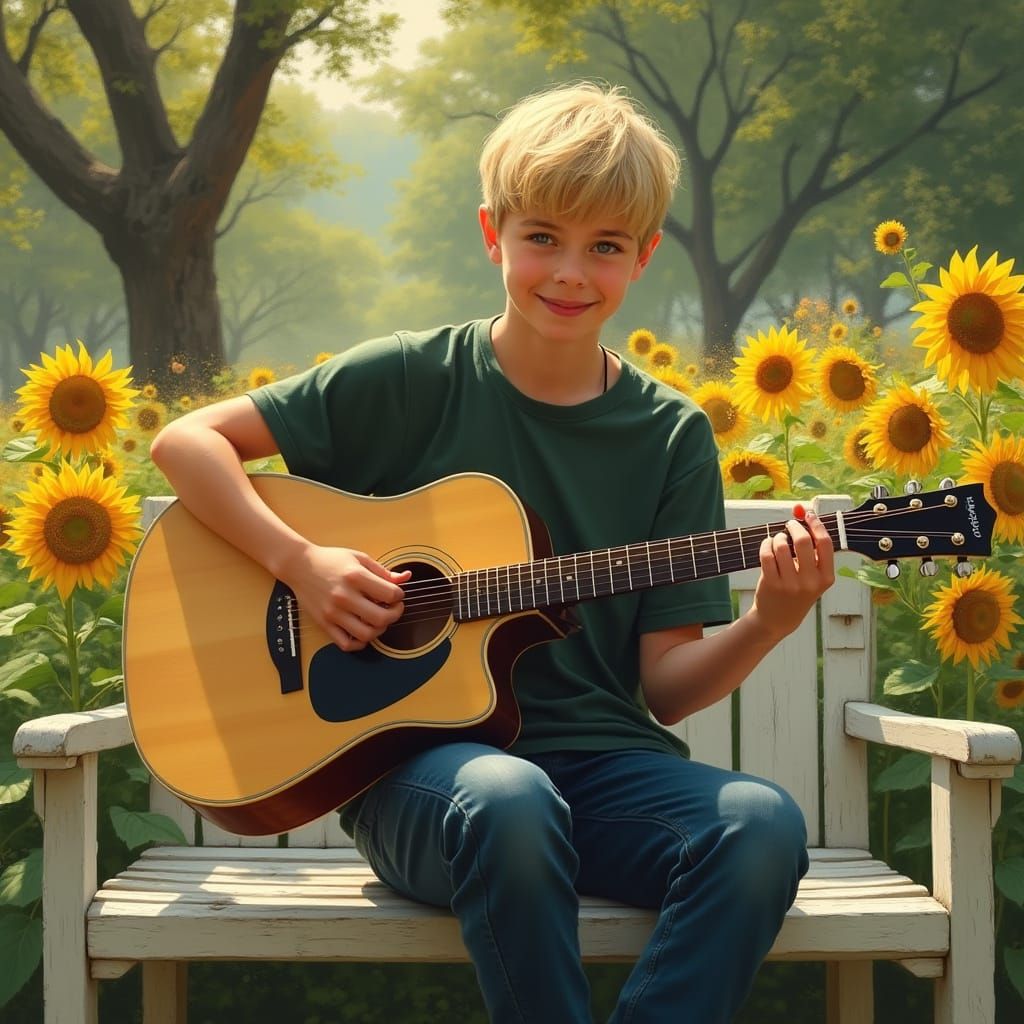 Boy Playing Guitar in Monet-Inspired Garden
