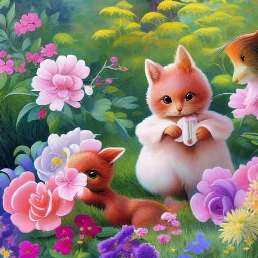 Rabbit Family Portrait in Whimsical Folk Art Style