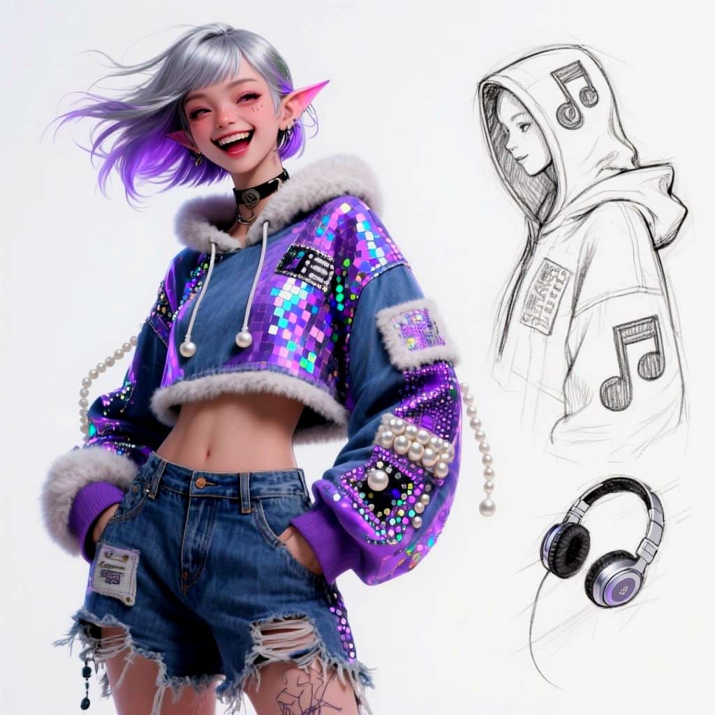 Fae DJ in Iridescent Hoodie, Concept Art Style