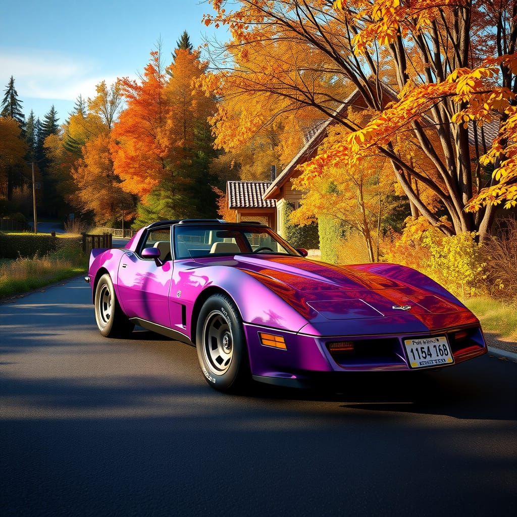 Sleek 1980s Purple Corvette on a Countryside Autumn Road