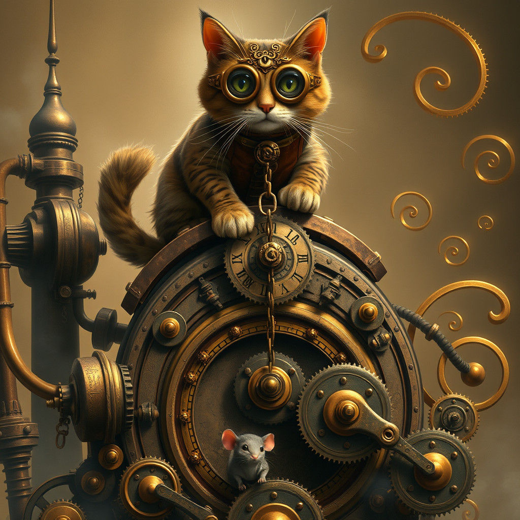 Steampunk Cat and Mouse in Clockwork Dreamscape