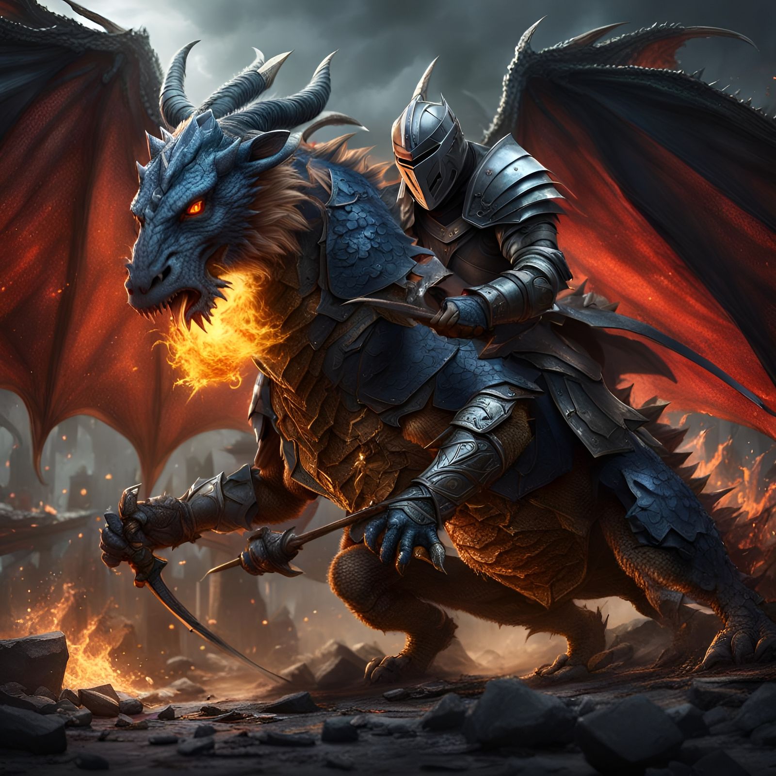 Knight Battles Dragon-Rat Hybrid in Detailed Matte Painting