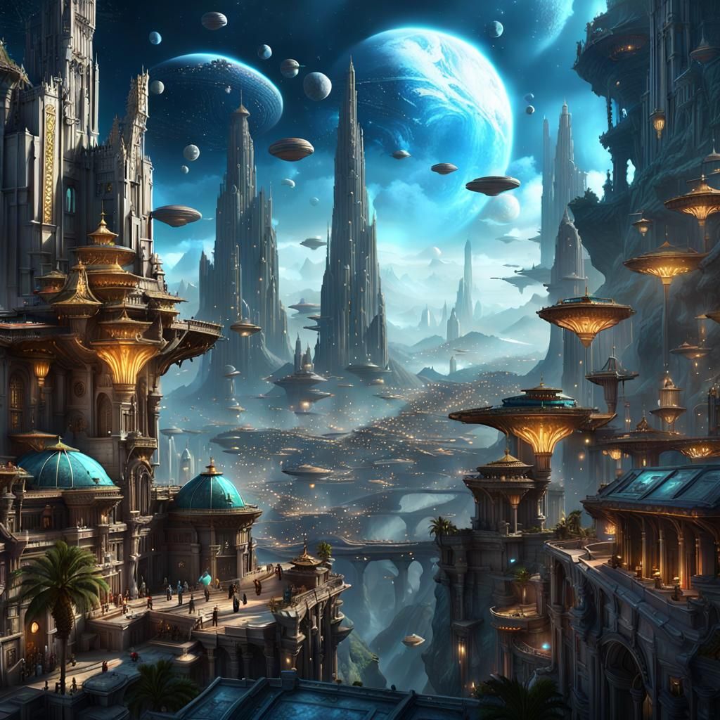 Galactic City of Angels with Flying Dragons