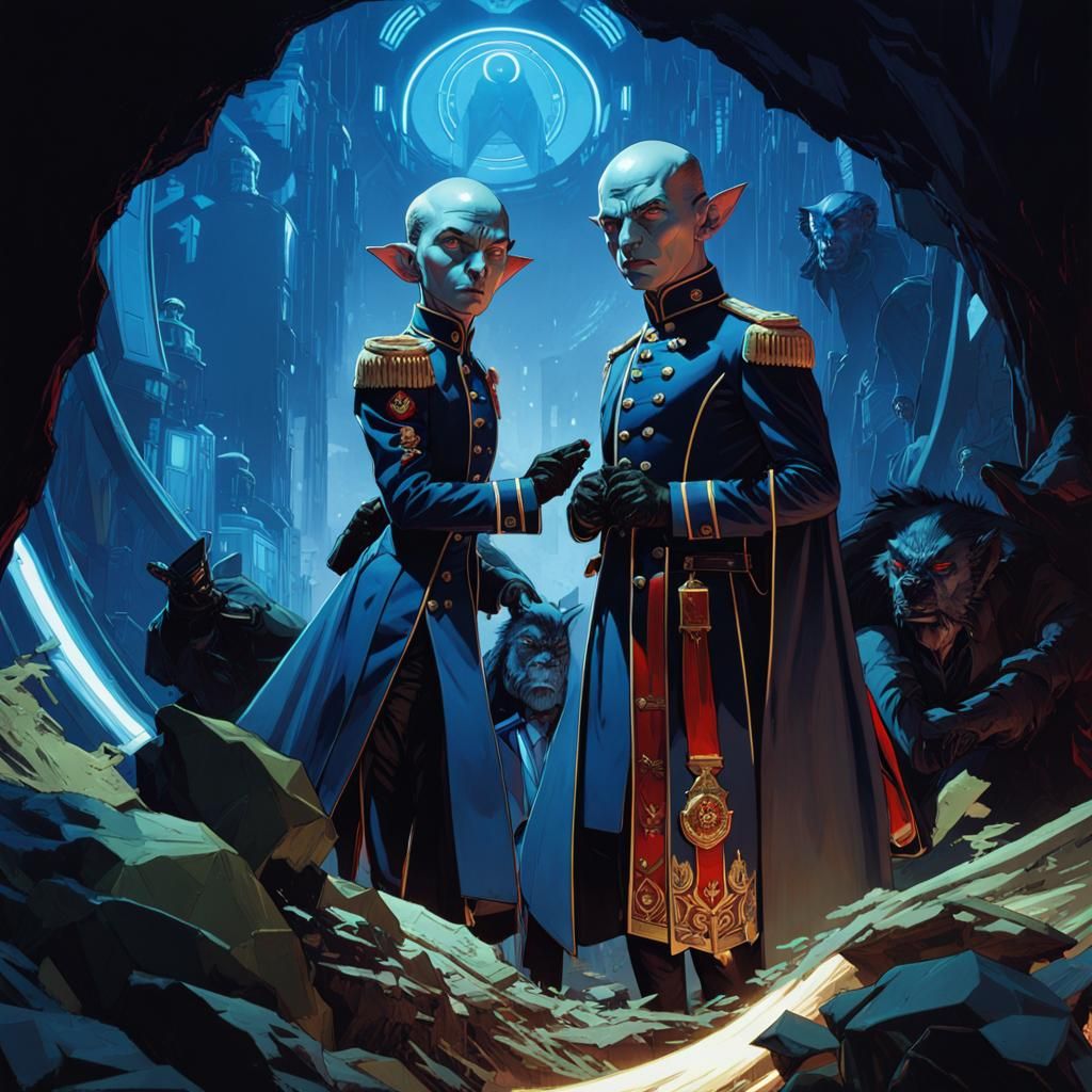 Blue-Skinned Goblin Twins in Military Tailcoats