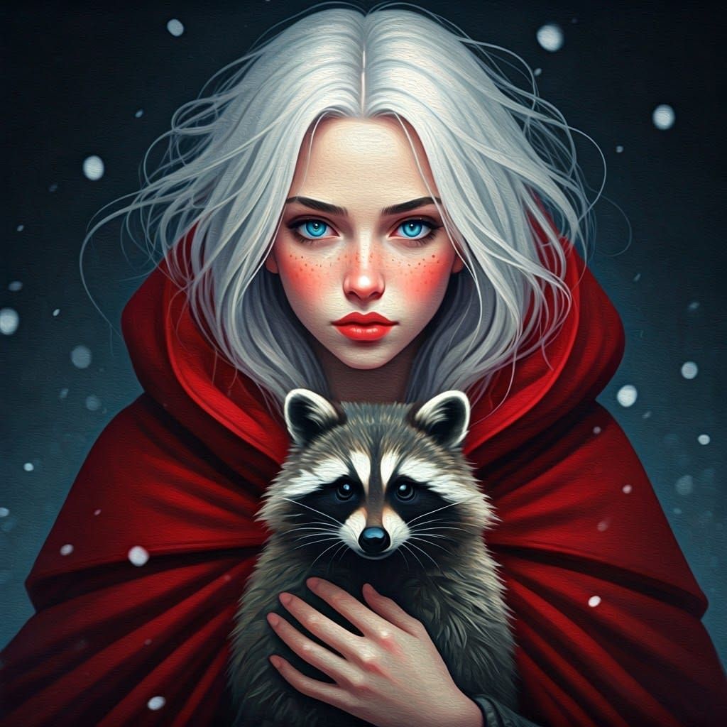 Woman with Raccoon in Winter, as Oil Painting