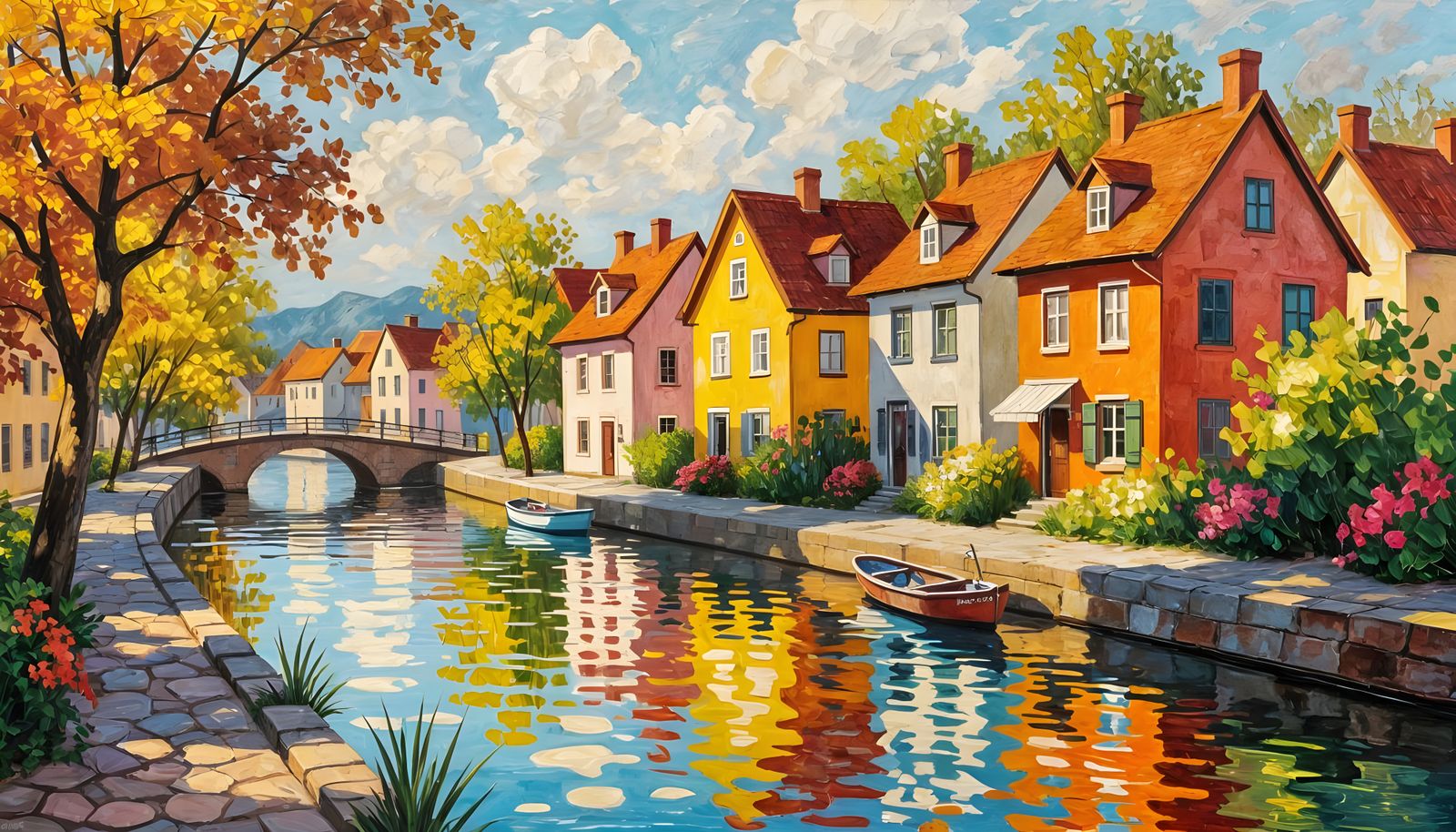 Vibrant Riverside Oil Painting with Colorful Houses