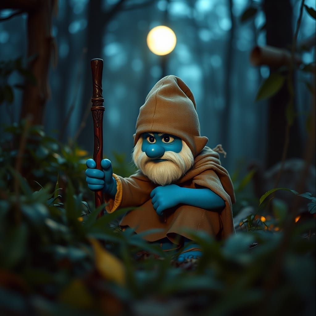 Cinematic Smurf Ranger Hunts in Moonlit Woodland