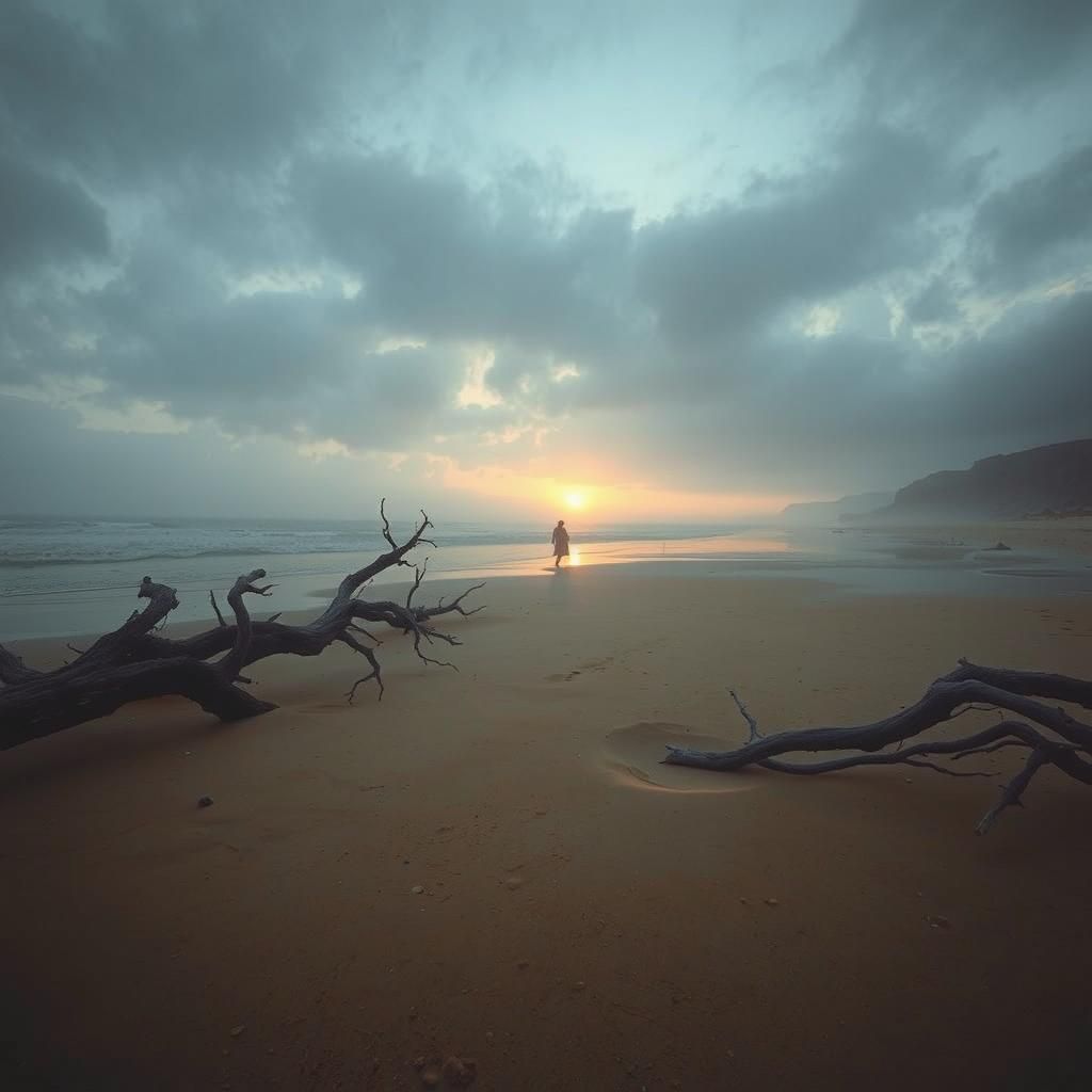Dramatic Beach Scene at Dawn in Cinematic Style