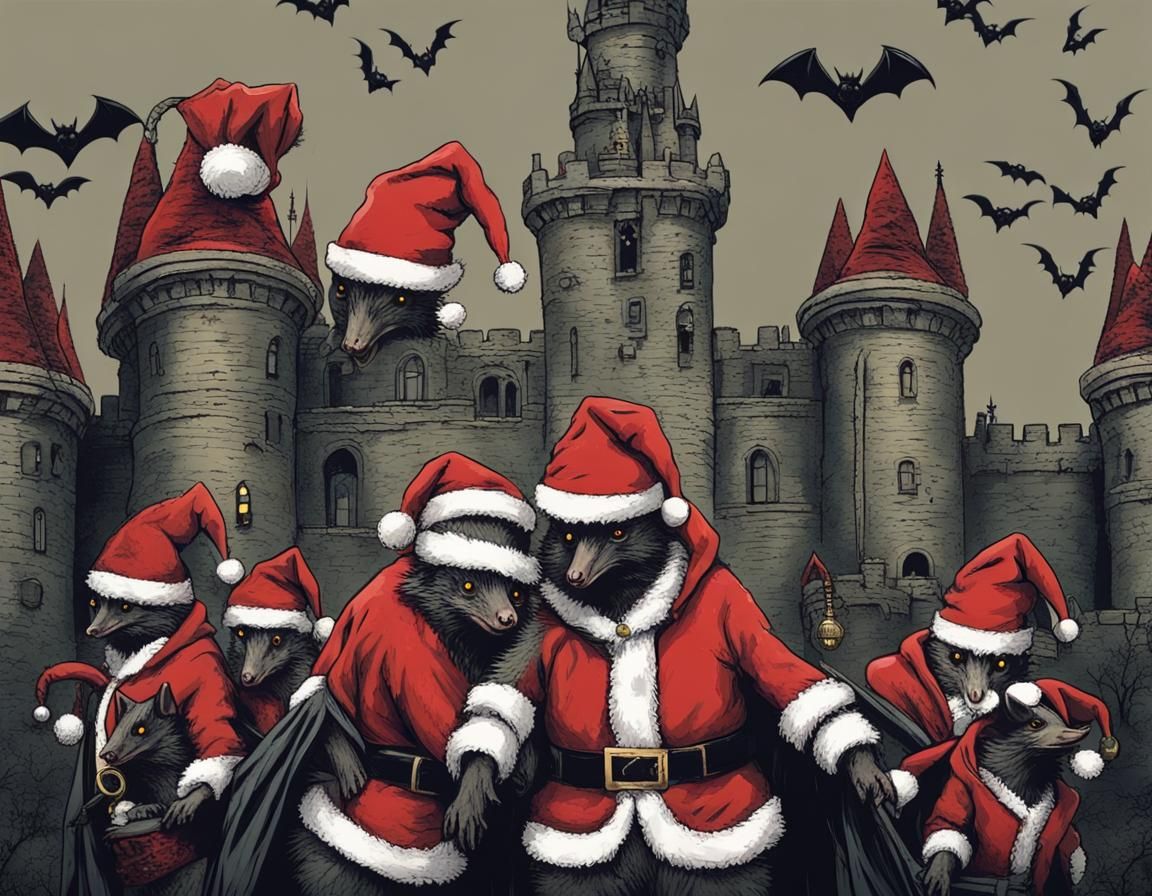 Santa Bats with Christmas Wreaths in Castle