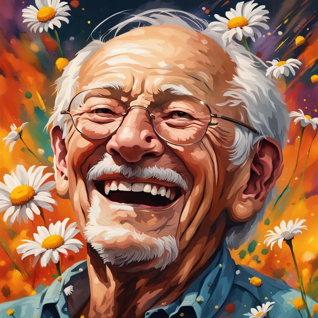 Laughing Old Man Portrait with Daisies in Hyperrealism