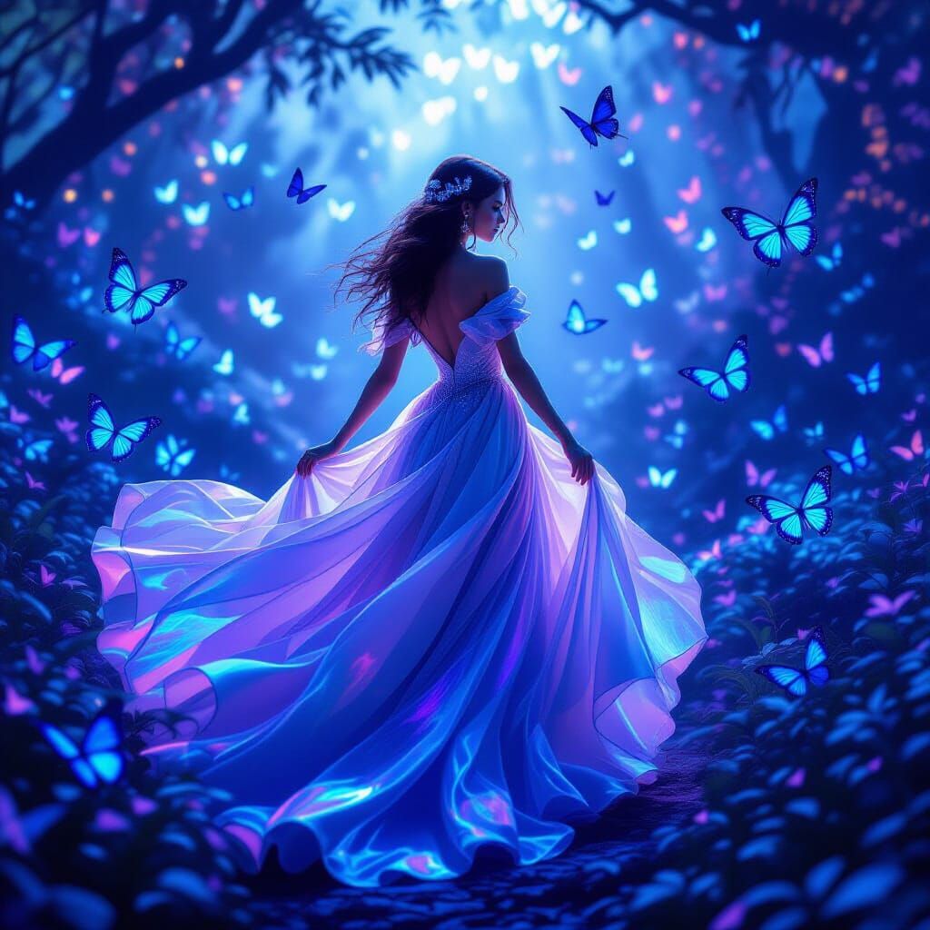 Iridescent Woman with Bioluminescent Butterflies, Dreamlike ...
