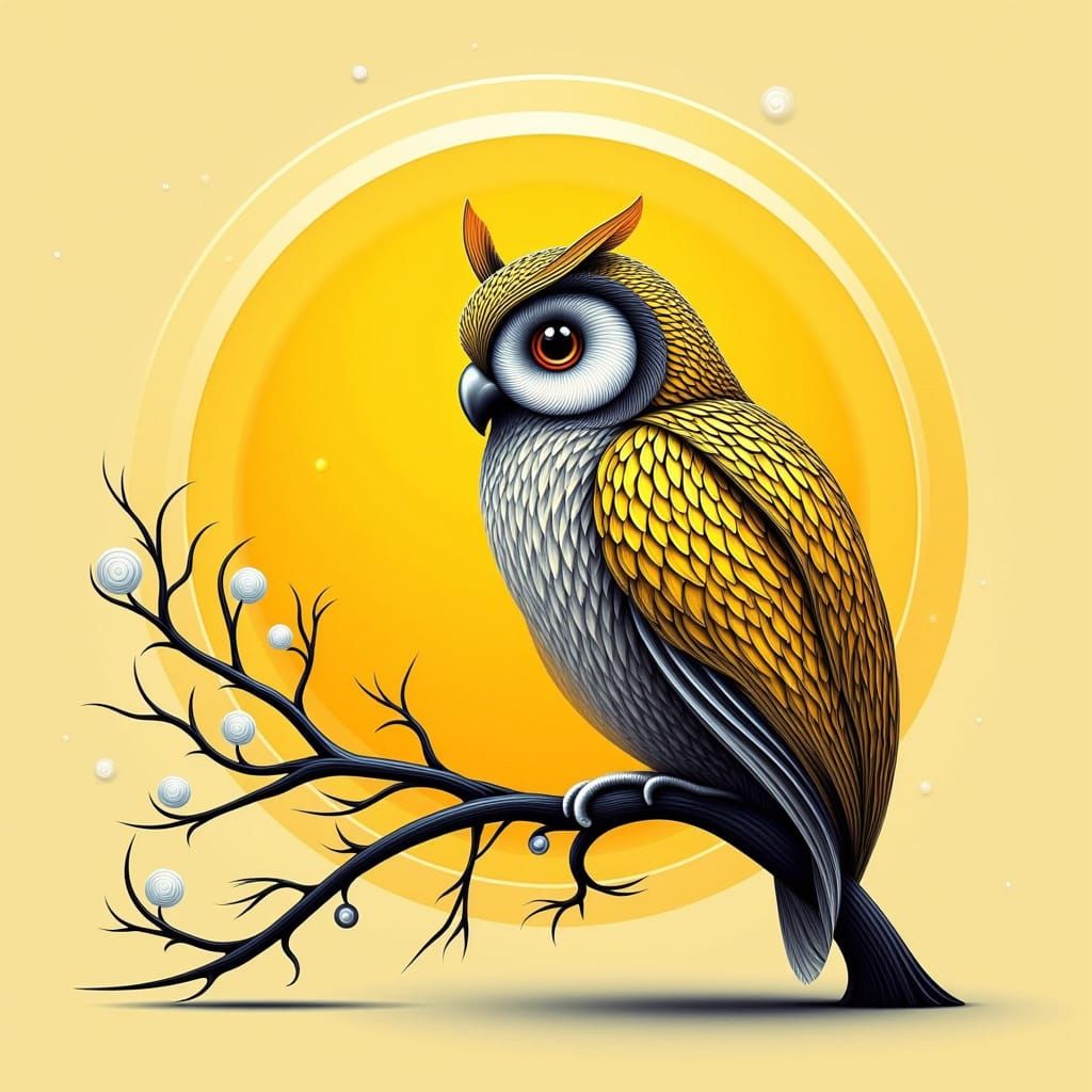 Minimalist Owl on Branch in Yellow