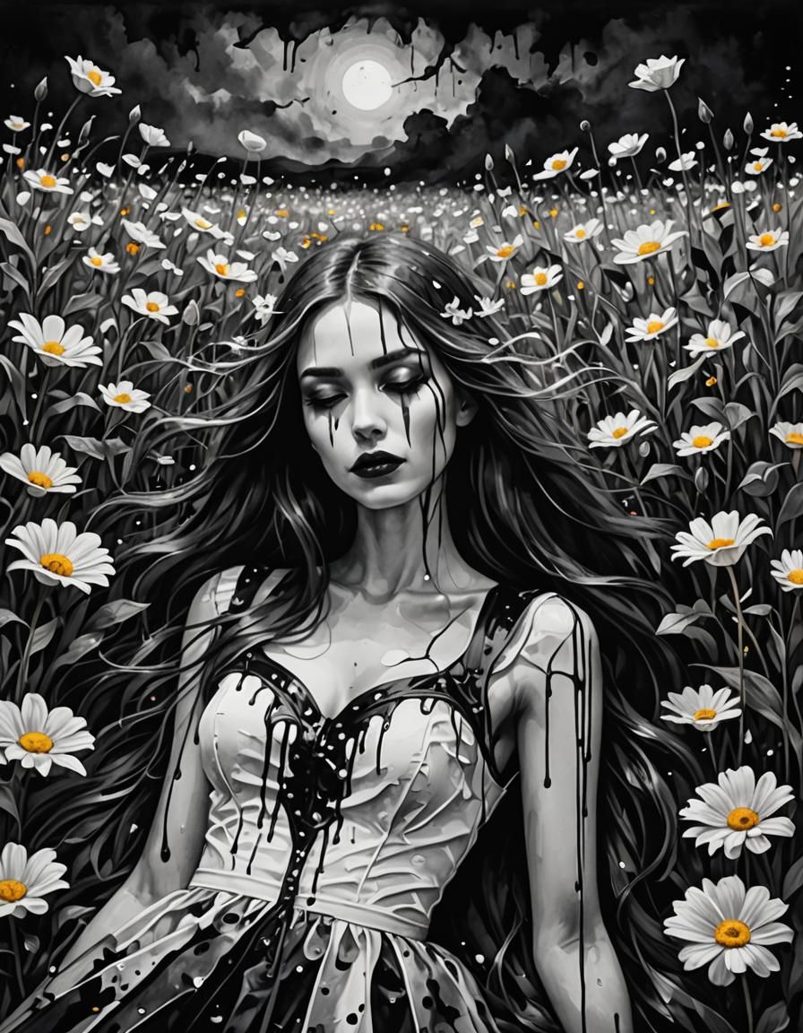Girl in Black and White Flower Field, Impasto