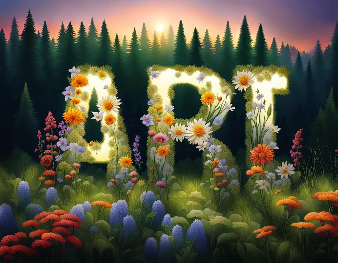 Floral Art Text in Forest Setting