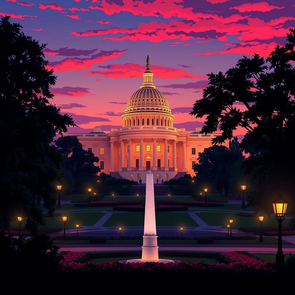 Elegant Dusk in Washington DC, Cel-Shaded Anime Style