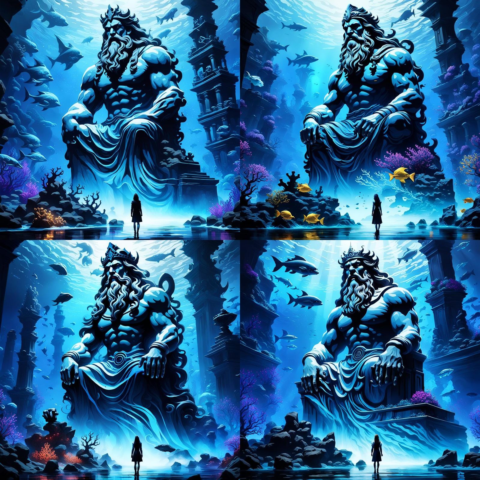 Underwater Poseidon Statue with Women, Dark Fantasy Art