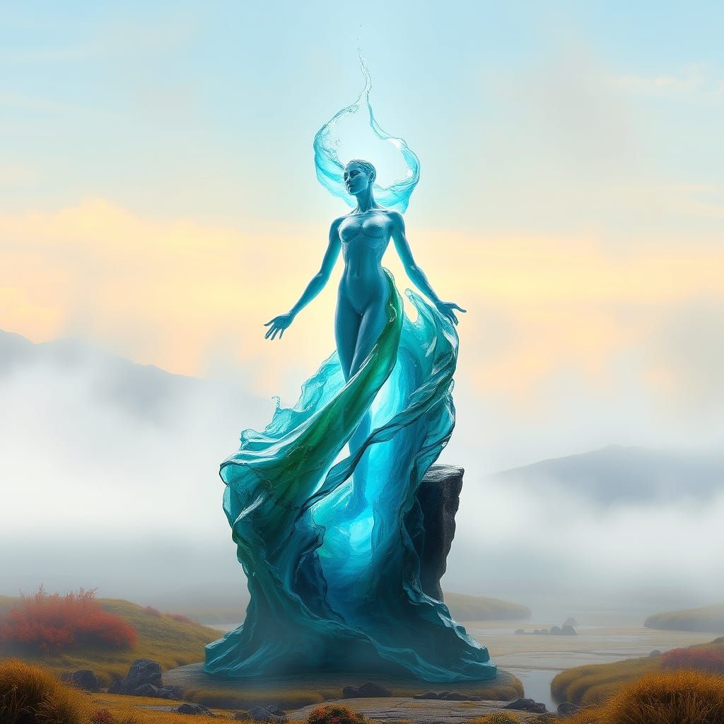 Ethereal Sculpture of Transformation in a Dreamlike Landscap...