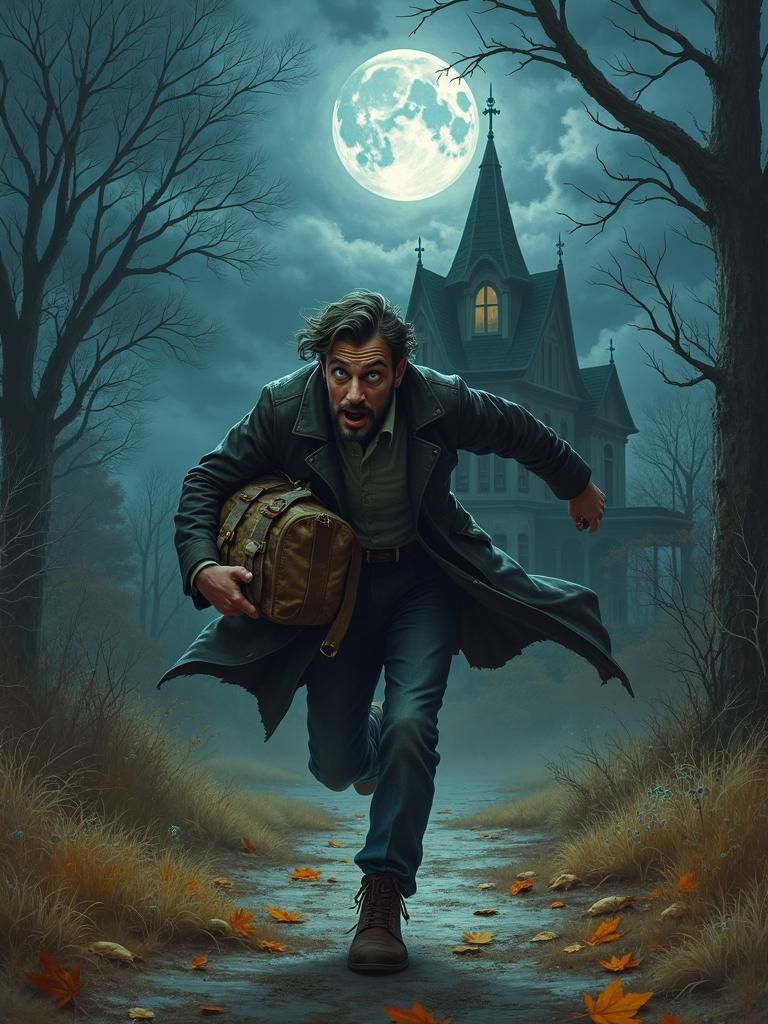 Terrified Man Escaping Victorian Mansion Under Moonlight