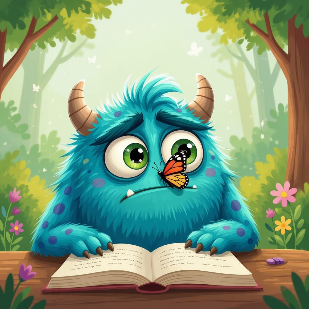 Cute Cross-Eyed Monster and Butterfly in Storybook Style