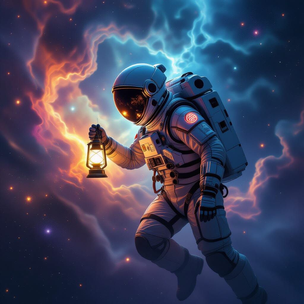 Astronaut with Lantern in Cosmic Nebula Digital Painting